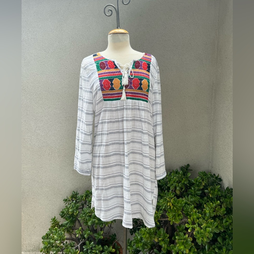 Boho short dress or tunic top striped cotton Sz L by SFERRA Casual